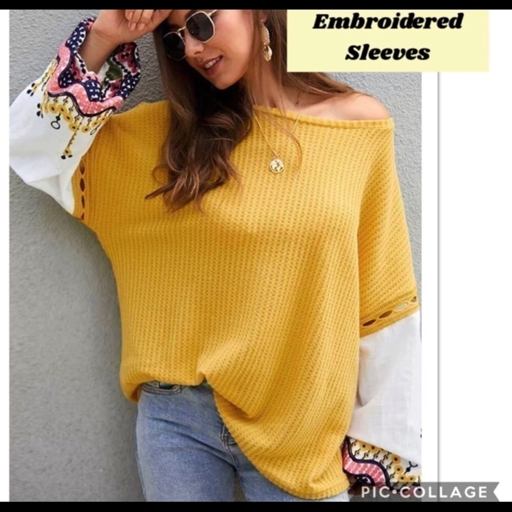 Mustard Oversized Top w/Embroidered Sleeves